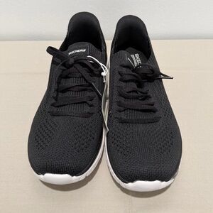 Skechers Women’s Black Knit Lace-Up Athletic Sneakers with White Sole